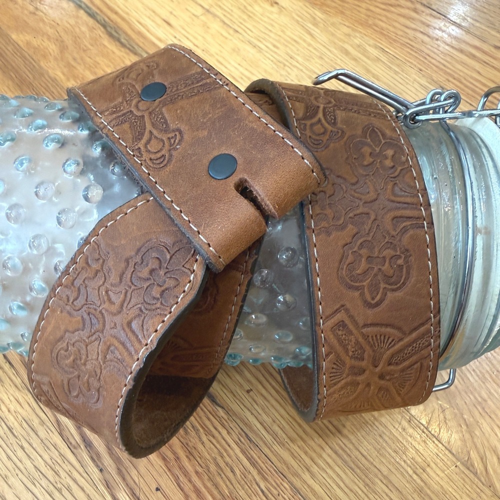 Justin Mens Brown Tooled Leather Cross Belt Made in USA Size 40